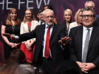 Labour party leader Jeremy Corbyn (C) gestures as Shadow Secretary of State for Education Angela Rayner (L) and Deputy Labour party leader Tom Watson (R) look on in the main hall, on day three of the annual Labour Party Conference on September 26, 2017 in Brighton, England. (Photo by Leon Neal/Getty)