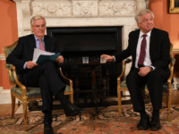 LONDON, ENGLAND - FEBRUARY 05: European Chief Negotiator for the United Kingdom Exiting the European Union, Michel Barnier, (L) and Brexit Secretary David Davis meet for talks in Downing Street on February 5, 2018 in London, England. Following claims of disunity within the Government, Prime Minister Theresa May has insisted Britain will leave the customs union after Brexit. (Photo by Stefan Rousseau - WPA Pool/Getty Images)