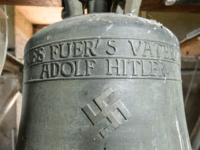 The church bell embossed with a swastika and the text: 'Everything for the Fatherland Adolf Hitler' in the Jakobskirche village church pictured on June 13, 2017 in Herxheim, Germany. For 82 years the 1930s-era church bell, cast when Germany was ruled by Adolf Hitler, hung in the 1,000-year-old church tower without attracting much notice until a local newspaper reported on its existence. Now the village residents are struggling to figure out what to do with it. Some, including the mayor, claim replacing it would be too expensive and removing the text and swastika would distort the bell's ring, while others, including the church organist, are appalled and are demanding something be done. (Photo by Thomas Lohnes/Getty Images)
