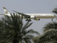 n this Sunday, May 4, 2014 photo, an Etihad Airways plane prepares to land in Abu Dhabi Airport, United Arab Emirates. Fast-growing Gulf carrier Etihad Airways says it and Alitalia have reached a deal in principle for the United Arab Emirates-based airline to buy a 49 percent stake in the struggling Italian airline. (AP Photo/Kamran Jebreili)