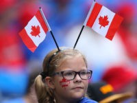 TORONTO, CANADA - JULY 1: A young fan of the Toronto Blue Jays celebrates Canada Day before the start of MLB game action against the Milwaukee Brewers on July 1, 2014 at Rogers Centre in Toronto, Ontario, Canada. (Photo by Tom Szczerbowski/Getty Images)