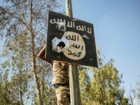 A member of Hashed Al-Shaabi (Popular Mobilization units) removes a sign on a lamp post bearing the logo of the Islamic State (IS) group as Iraqi forces advance inside the town of Tal Afar, west of Mosul, after the Iraqi government announced the launch of the operation to retake it from IS control, on August 26, 2017. / AFP PHOTO / AHMAD AL-RUBAYE (Photo credit should read AHMAD AL-RUBAYE/AFP/Getty Images)