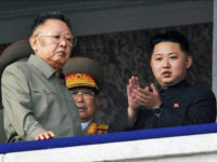 Pyongyang, North Korea - Photo taken on Oct. 10, 2010, shows North Korean leader Kim Jong Il (L) and Kim Jong Un (R), a son of Jong Il, reviewing a military parade marking the 65th anniversary of the founding of the ruling Workers Party of Korea in Pyongyang. North Korea announced Dec. 19, 2011, through its official Korean Central News Agency that Kim Jong Il died on Dec. 17, 2011, at the age of 69. (Photo by Kyodo News via Getty Images)