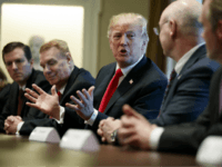 President Donald Trump speaks during a meeting with steel and aluminum executives in the Cabinet Room of the White House, Thursday, March 1, 2018, in Washington. From left, Roger Newport of AK Steel, John Ferriola of Nucor, Trump, Dave Burritt of U.S. Steel Corporation, and Tim Timkin of Timken Steel. (AP Photo/Evan Vucci)