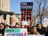 NEW YORK, NY - MARCH 24: Thousands of people, many of them students, march against gun violence in Manhattan during the March for Our Lives rally on March 24, 2018 in New York, United States. More than 800 March for Our Lives events, organized by survivors of the Parkland, Florida school shooting on February 14 that left 17 dead, are taking place around the world to call for legislative action to address school safety and gun violence. (Photo by Spencer Platt/Getty Images)