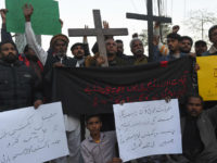 Pakistani Christians protest after a suicide bombers attacked a Methodist church during a Sunday service in Quetta on December 17, 2017. At least eight people were killed and 30 wounded when two suicide bombers attacked a church in Pakistan during a service on December 17, just over a week before Christmas, police said. / AFP PHOTO / ARIF ALI (Photo credit should read ARIF ALI/AFP/Getty Images)