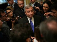 WASHINGTON, DC - JANUARY 23: U.S. Senate Minority Whip Sen. Dick Durbin (D-IL) speaks to members of the media after a weekly Senate Democratic Policy Luncheon January 23, 2018 at the U.S. Capitol in Washington, DC. Senate Democrats held a policy luncheon to discuss the Democratic agenda. (Photo by Alex Wong/Getty Images)