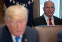 National Security Adviser H.R. McMaster (R) -- shown with US President Donald Trump in the foreground in December 2017 -- is rumored to be headed for the White House exit