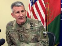 Gen. John Nicholson, the top American commander in Afghanistan, speaks to reporters Wednesday, March 14, 2018 at Bagram air base north of Kabul, Afghanistan. Nicholson spoke about prospects for peace talks with the Taliban. (AP Photos/Robert Burns)