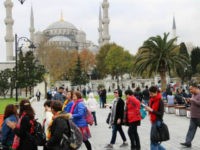 Chinese tourists walk near the Blue Mosque in the Sultanahmet district of Istanbul on Nov. 17, 2017. More Chinese tourists are expected to visit as China has designated 2018 as 'Turkey tourism year.' (Kyodo) ==Kyodo (Photo by Kyodo News via Getty Images)