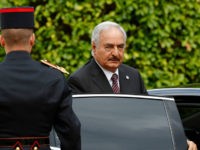 General Khalifa Haftar, commander in the Libyan National Army (LNA), arrives to attend a meeting for talks over a political deal to help end Libyas crisis in La Celle-Saint-Cloud near Paris, France, July 25, 2017. / AFP PHOTO / POOL / PHILIPPE WOJAZER (Photo credit should read PHILIPPE WOJAZER/AFP/Getty Images)