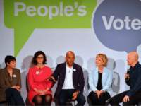 (L-R) British politicians, Green MP Caroline Lucas, Liberal Democrat MP Layla Moran, Labour Party MP Chuka Umunna and Conservative MP Anna Soubry share the stage with comedian Andy Parsons during a launch event for the Peoples Vote campaign in London on April 15, 2018 calling for a referendum on the final Brexit deal. A new cross-party campaign for a referendum on Britain's EU departure deal launched on April 15, insisting the British public -- and not just politicians -- should be given a say. / AFP PHOTO / Ben STANSALL (Photo credit should read BEN STANSALL/AFP/Getty Images)