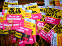 GLASGOW, SCOTLAND - MARCH 17: Anti-racism demonstrators with 'No to Trump' on them are displayed at a rally through the city centre on March 17, 2018 in Glasgow, Scotland. The event, organised by Stand up to Racism Scotland for the UN's international anti-racism day is highlighting the rise in racism across Britain. (Photo by Jeff J Mitchell/Getty Images)