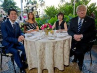 President Donald Trump, first lady Melania Trump, sit with Japanese Prime Minister Shinzo Abe and his wife Akie Abe for dinner Trump's private Mar-a-Lago club, Tuesday, April 17, 2018, in Palm Beach, Fla. (AP Photo/Pablo Martinez Monsivais)