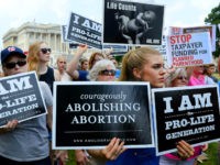 WASHINGTON, DC - JULY 28: Anti-abortion activists hold a rally opposing federal funding for Planned Parenthood in front of the U.S. Capitol on July 28, 2015 in Washington, DC. Sen. Rand Paul (R-KY) announced a Senate deal to vote on legislation to defund Planned Parenthood before the Senate goes into recess in August. (Photo by Olivier Douliery/Getty Images)