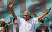 Mexico's presidential candidate Andres Manuel Lopez Obrador, standing for MORENA party, cheers at his supporters during his first campaign rally, in Ciudad Juarez