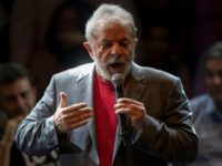 Former Brazilian president Luiz Inacio Lula da Silva, seen here addressing a rally of leftist parties on April 02, is seeking a third term in office and leads easily in opinion polls