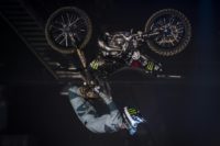 Japanese rider Taka Higashino performs during a motocross freestyle show in Tours, on April 7, 2018