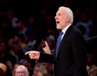 Gregg Popovich of the San Antonio Spurs talks to his players from the sidelines during the first half against the Los Angeles Lakers at Staples Center on January 11, 2018 in Los Angeles, California
