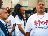 Violent Crime London LONDON, ENGLAND - MAY 08: London Mayor Sadiq Khan (L) looks on as a man wears an anti-violence shirt following the murder of teenager Rhyhiem Ainsworth Barton, ahead of a solidarity march on May 8, 2018 in south London, England. The 17 year old boy was shot during a weekend …