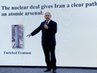 Israeli Prime Minister Benjamin Netanyahu presents material on Iranian nuclear weapons development during a press conference in Tel Aviv, Monday, April 30 2018. Netanyahu says his government has obtained 