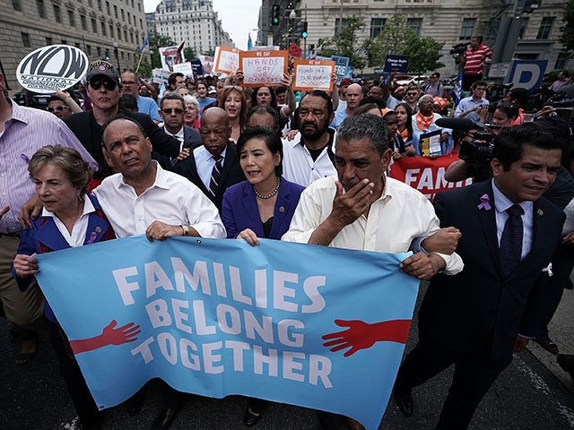 WASHINGTON, DC - JUNE 13: (L-R) U.S. Rep. Joseph Crowley (D-NY), Rep. Jan Schakowsky (D-IL), Rep. Luis Gutierrez (D-IL), Rep. John Lewis (D-GA), Rep. Judy Chu (D-CA) and Rep. Jimmy Gomez (D-CA) march to the headquarters of U.S. Customs and Border Protection during a protest June 13, 2018 in Washington, â¦