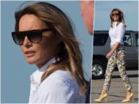 Fashion Notes: Melania Trump Struts in Flower Power Pants, Bright Stilettos for Weekend Getaway