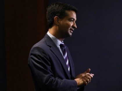 Rep.-elect Carlos Curbelo, R-Fla., does a television interview before the start of a new member orientation on Capitol Hill in Washington, Thursday, Nov. 13, 2014. Newly-elected representatives will participate in a week-long orientation session for House freshmen. (AP Photo/Susan Walsh)