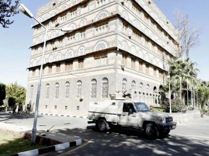 A Houthi militia truck is seen at the yard of the Republican Palace in Sanaa