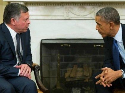 President Barack Obama, right, meets with King Abdullah II of Jordan in the Oval Office of the White House, on Tuesday, Feb. 3, 2015, in Washington. The meeting comes after Jordanian Air Force pilot First Lt. Moaz al-Kasasbeh was executed by the Islamic State group.