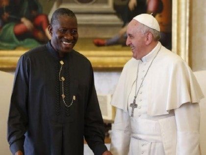 Pope Francis talks with Nigerian President Goodluck Jonathan during a private audience at the Vatican