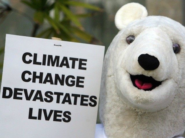 An activist dressed as a "Polar bear" displays a placard during a demonstration at the ven