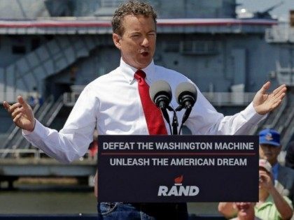 Republican Presidential candidate, Sen. Rand Paul, R-Ky., speaks at a rally at the USS Yorktown in Mount Pleasant, S.C., April 9, 2015.