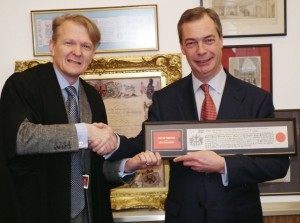 Farage was awarded the Freedom of London in 2013. Traditionally entitling him to carry a sword.