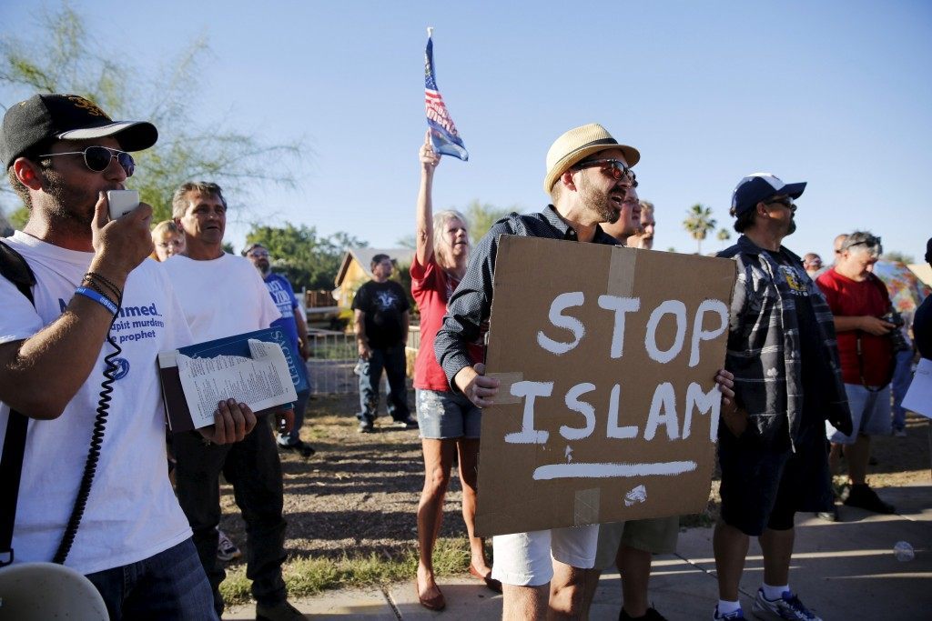 Demonstrators shout during "Freedom of Speech Rally Round II" outside Islamic Community Center in Phoenix