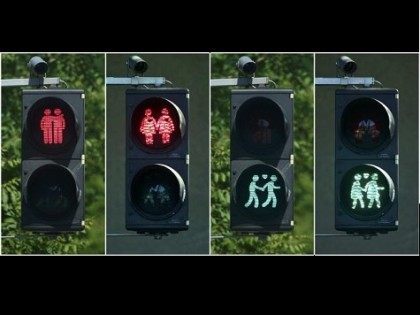 A combination of photos shows gay-themed traffic lights in Vienna