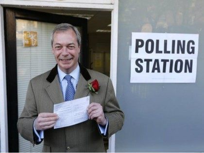 Nigel Farage, the leader of the United Kingdom Independence Party (UKIP) arrives to vote i