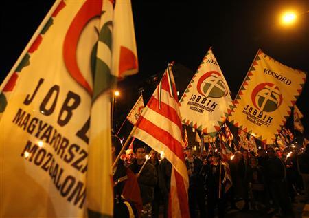 Supporters of the Hungarian far-right Jobbik party attend a demonstration in Miskolc