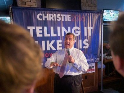 Republican presidential candidate New Jersey Governor Chris Christie speaks to guests gathered for a campaign event at Jersey Grille on July 24, 2015 in Davenport, Iowa. A recent poll had Christie trailing most of his Republican rivals in Iowa. Christie is hoping to gain support in the state with several …