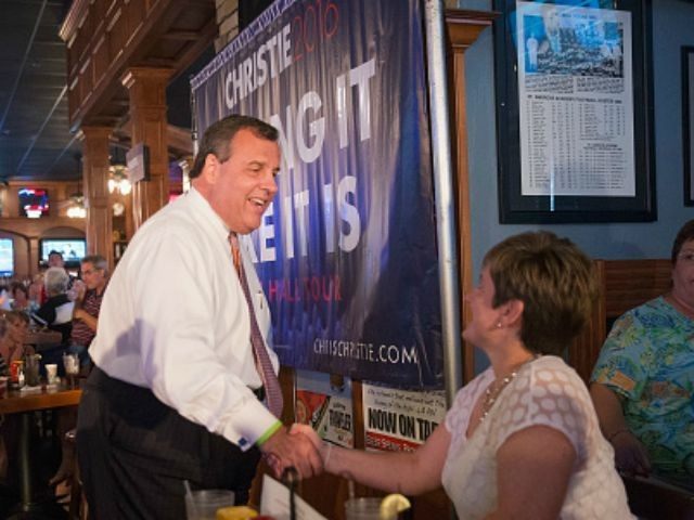 Republican presidential candidate New Jersey Governor Chris Christie greets guests gathere
