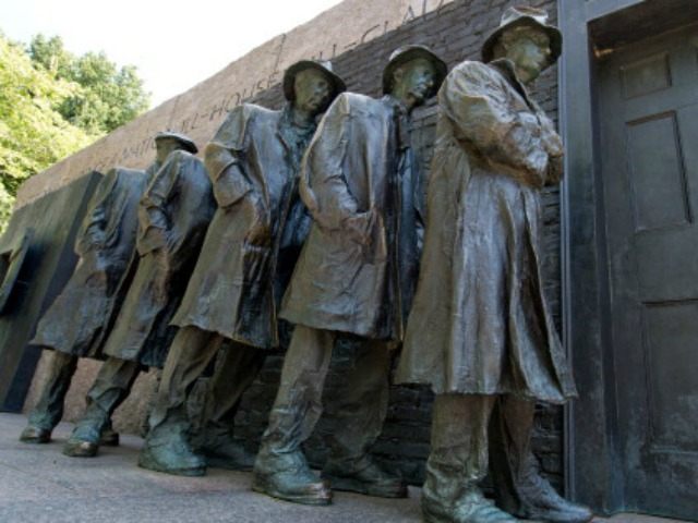 Statues of unemployed men standing in a unemployment line during the Great Depression at t