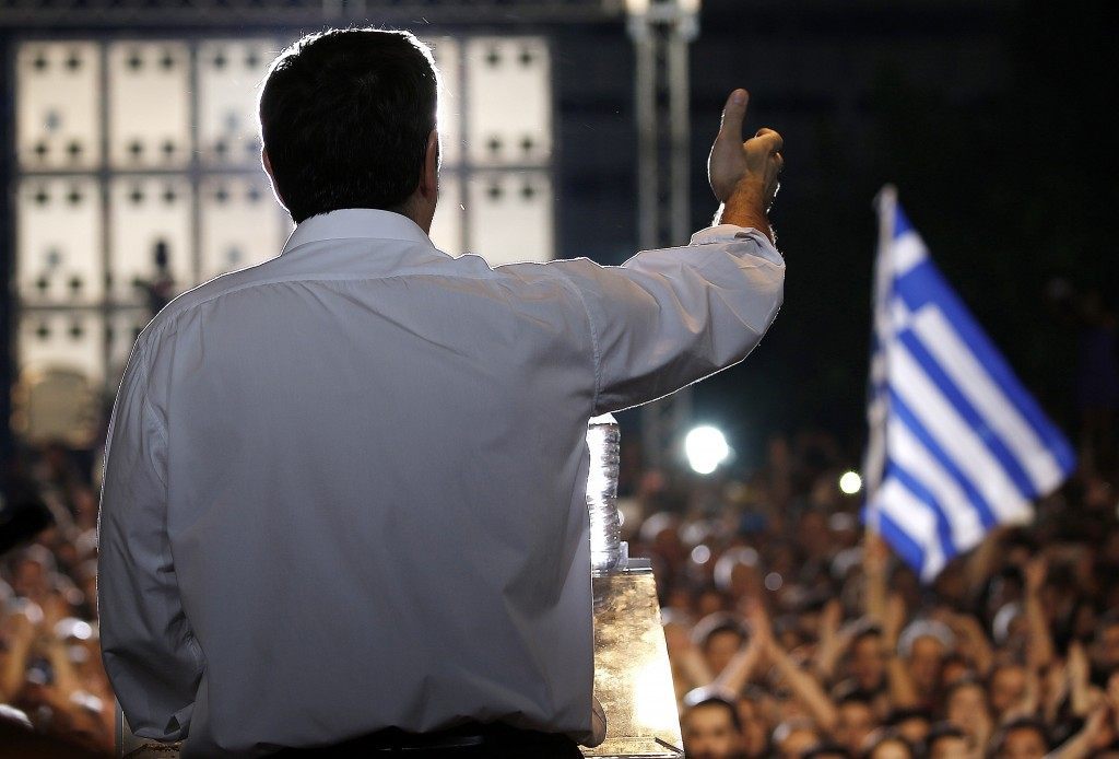 Greek Prime Minister Alexis Tsipras addresses an anti-austerity rally at the Syntagma square in Athens on July 3, 2015. Tsipras urged voters to ignore European scaremongering and vote 'No' for July 5 referendum as polls showed support swinging behind the 'Yes' campaign. YANNIS BEHRAKIS/AFP/Getty Images