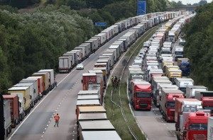 Trucks line up on the M20 during Operation Stack on July 30, 2015 near Ashford, England. (Peter Macdiarmid/Getty Images)