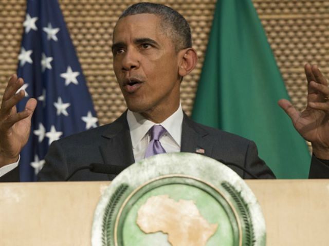 Barack Obama delivers a speech at the African Union Headquarters in Addis Ababa on July 28