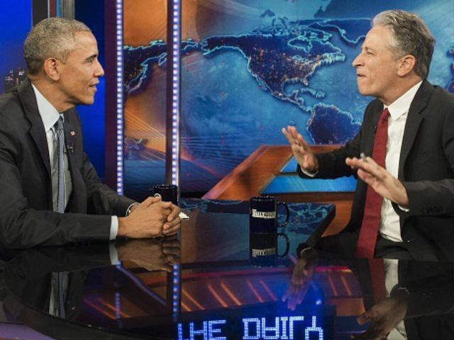 Barack Obama speaks with Jon Stewart, host of 'The Daily Show with Jon Stewart,' during a taping of the show in New York, July 21, 2015. The appearance marks Obama's third time on the show as President, and seventh overall.