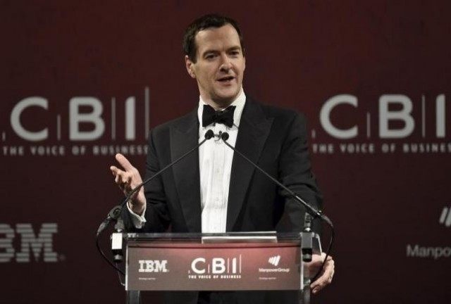 Britain's Chancellor of the Exchequer, George Osborne, delivers a keynote address at a din