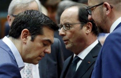 Greece's PM Tsipras listens to France's President Hollande next to Belgium's PM Michel dur
