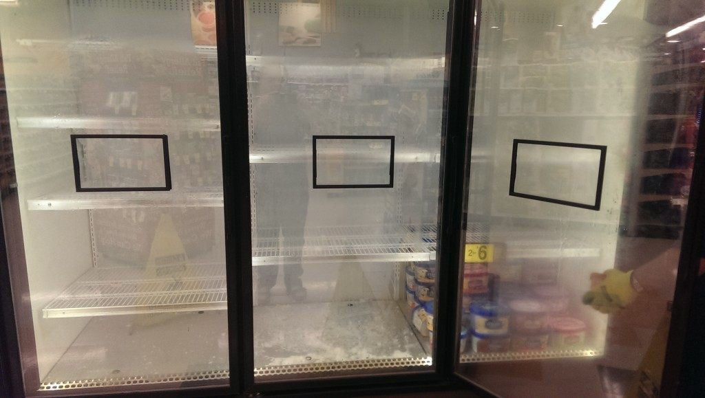 The freezer shelves were bare Sunday night in anticipation of the arrival of Blue Bell delivery trucks overnight. (Photo: Breitbart Texas/Bob Price)