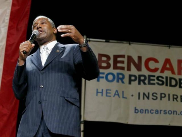 Republican presidential candidate Ben Carson delivers a speech to supporters Tuesday, Aug. 18, 2015, in Phoenix. The state Republican Party says Tuesday evening's rally was moved from a church in Tempe to the convention center because of high demand.