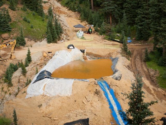 A settling pond is used at Cement Creek, which was flooded with millions of gallons of mining wastewater, on August 11, 2015 in Silverton, Colorado. The Environmental Protection Agency uses settling ponds to reduce the acidity of mining wastewater so that it carries fewer heavy metals. (Photo by
